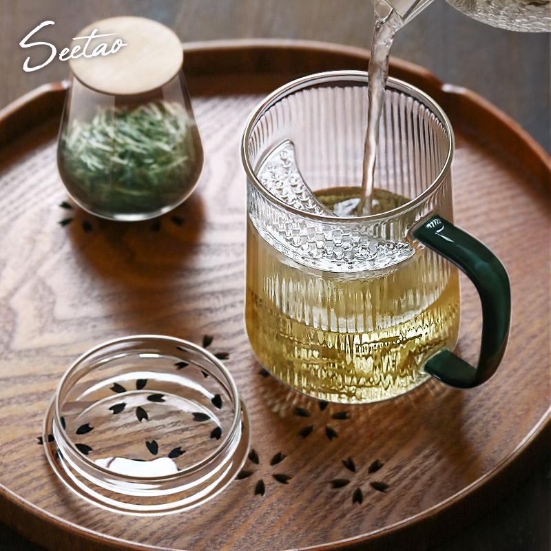 茶道 戲陶 日式 條紋 玻璃 泡茶杯 創意 辦公 過濾 帶蓋 帶把 加厚 耐熱 月牙杯 家用 月牙杯 日式玻璃泡茶杯