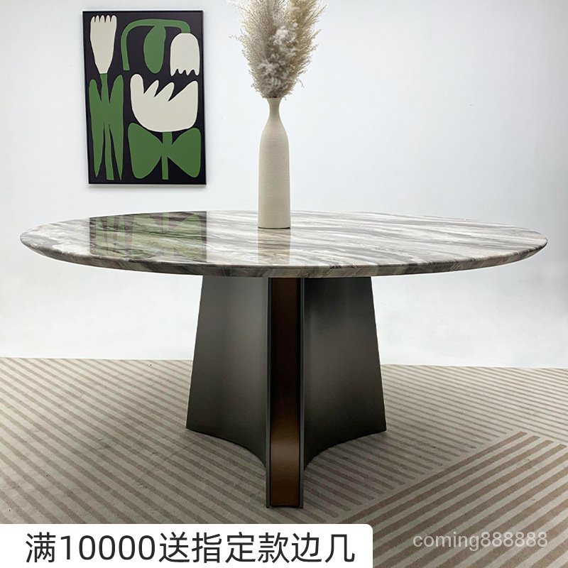 餐桌 傢用 圓桌 帶轉盤 圓形 桌子 大小戶型 高端 輕奢 天然大理石 飯桌 奢石餐桌