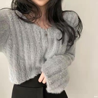 韓系 熱銷🎀水貂絨毛衣女秋冬韓版寬鬆百搭短版上衣復古日系溫柔風保暖針織衫