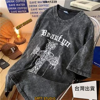 優選🍭【100%純棉免運】十字架短袖 水洗做舊短袖男 2022美式復古寬鬆潮t 嘻哈運動 T恤 韓國印花潮牌衣服 i