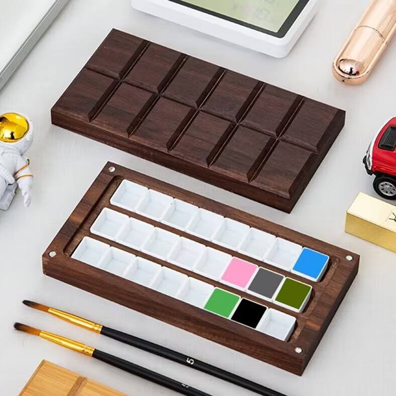 巧克力木盒胡桃木水彩顏料收納盒空盒美甲盒木質手工調色盤調色盒