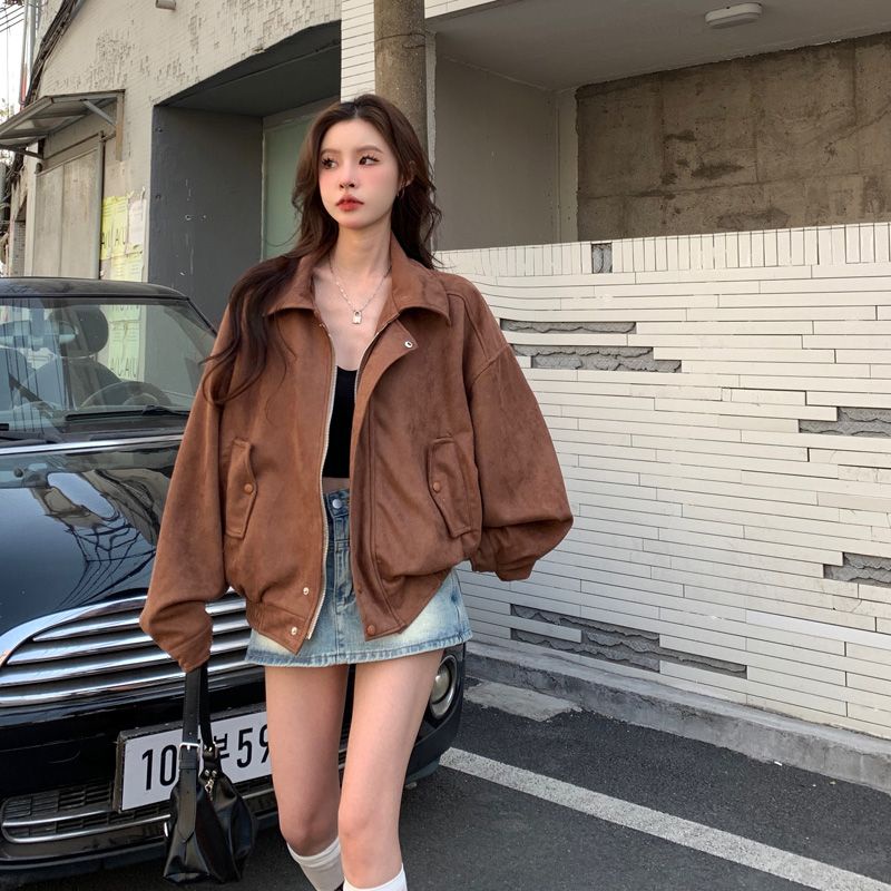 Anna's 美式炸街帥氣麂皮絨短外套女秋季韓版寬鬆機車服夾克潮