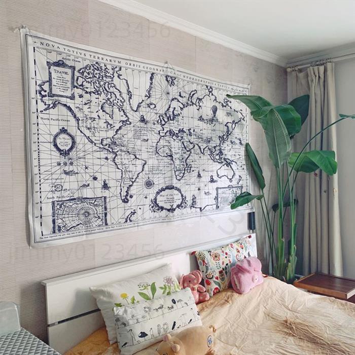 台灣免運 ins掛布 背景布 ™✥☢ins地圖歐美掛布 黑白世界地圖 簡約牆面裝飾背景布臥室書房掛毯