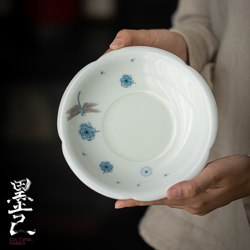茶具 墨己 玉泥花型葵口茶點盤 功夫茶具配件多用陶瓷盤 藍蜻蜓壺承