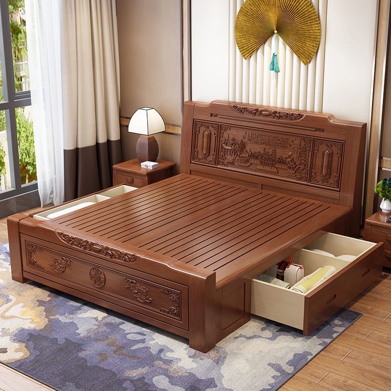 免運 胡桃木實木床架 雙人床架中式實木蘭亭序床1.8米1.5米單人床仿紅木臥室大床雕花抽屜儲物床胡桃木上下床雙層
