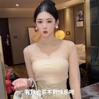 甜心公主Meet 👗女裝館法式半高領亮片內搭打底衫女韓版新款亮閃彈性透明網紗顯瘦t恤潮