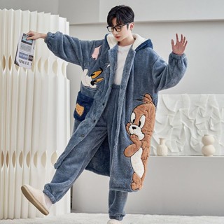 【宜傢】冬季居家服睡衣男秋冬季浴袍珊瑚絨睡袍加厚加絨家居服寬松連帽睡袍 套裝 長毛絨舒適 保暖睡袍+長褲 睡衣男S08