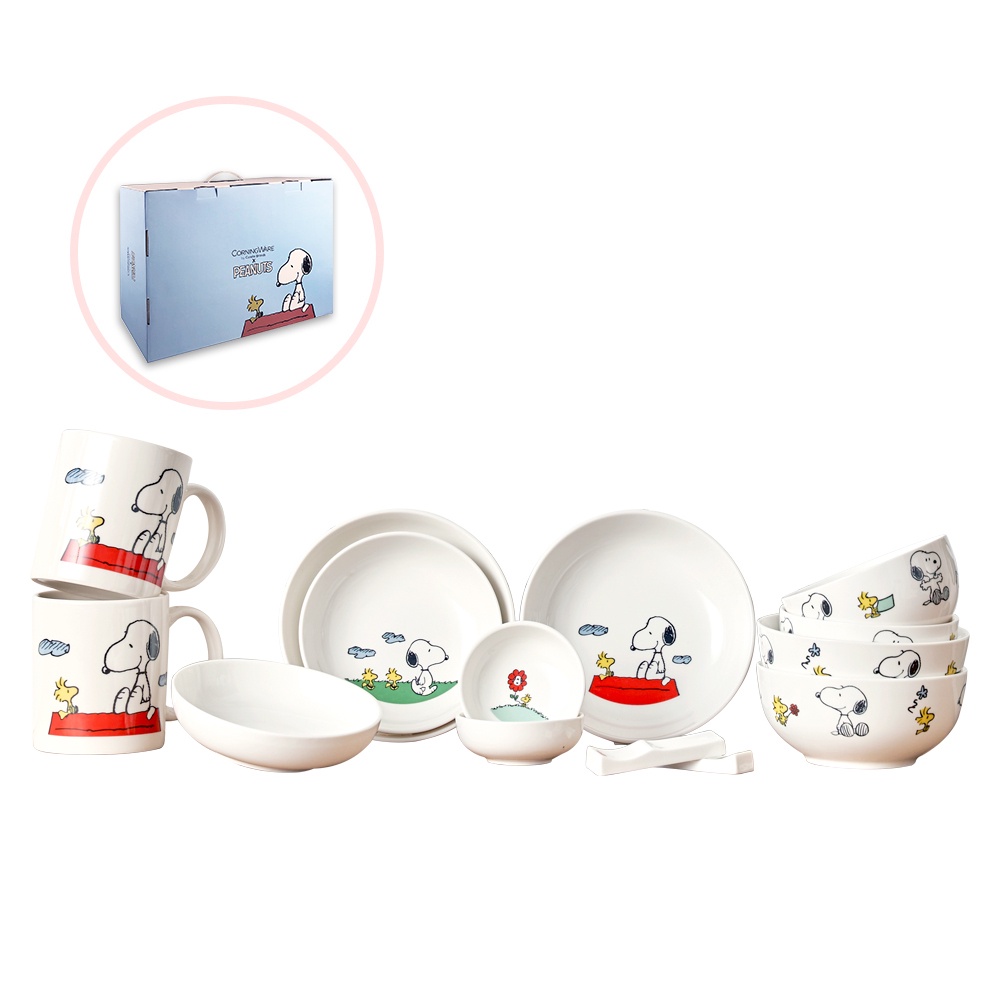 【美國康寧 Corelle】SNOOPY HOME 14件式陶瓷餐具禮盒 (原裝進口)