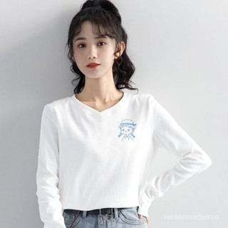 100%純棉白色T恤2024春秋季爆款女裝寬鬆長袖上衣V領打底衫ins潮【weslemedeiros】