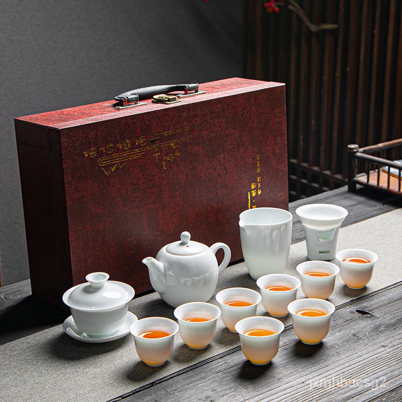 茶具禮盒 茶具組 茶壺 茶杯 泡茶組 茶具套裝 茶具 德化白瓷茶具套裝一套傢用整套功夫中國白辦公室高檔禮盒裝送禮物 OY