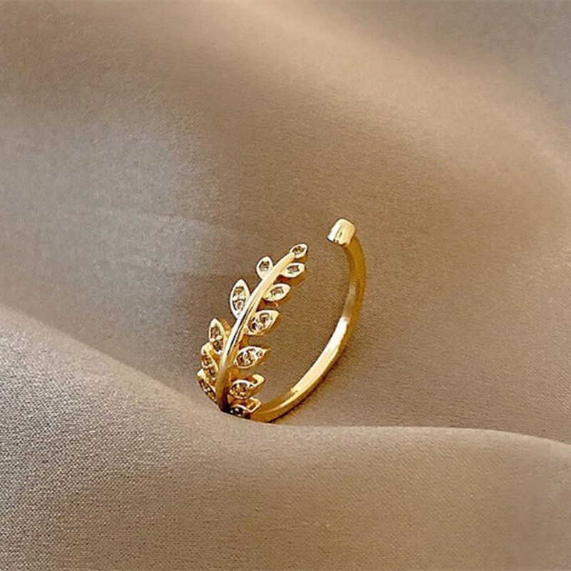 真金電鍍韓國東大門輕奢鑲鑽葉子戒指女氣質個性尾戒開口素圈手飾