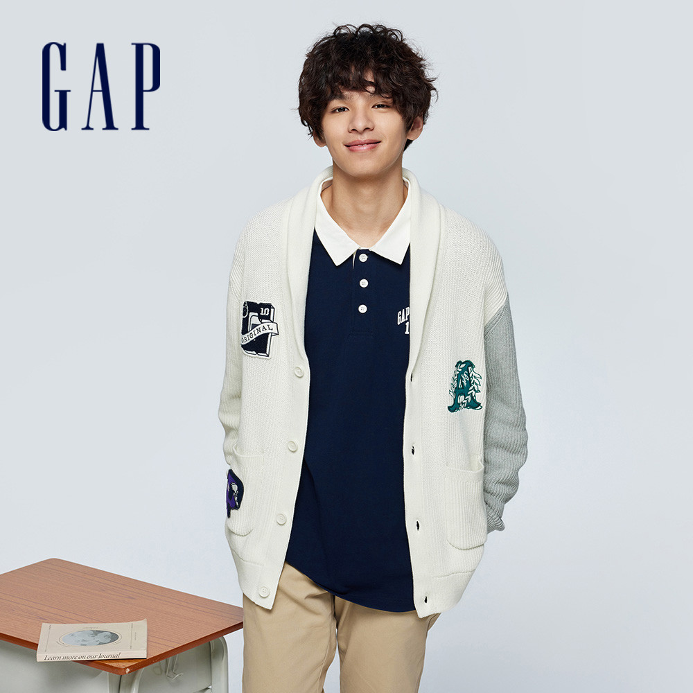 Gap 男裝 Logo印花翻領針織外套-米白色(455189)