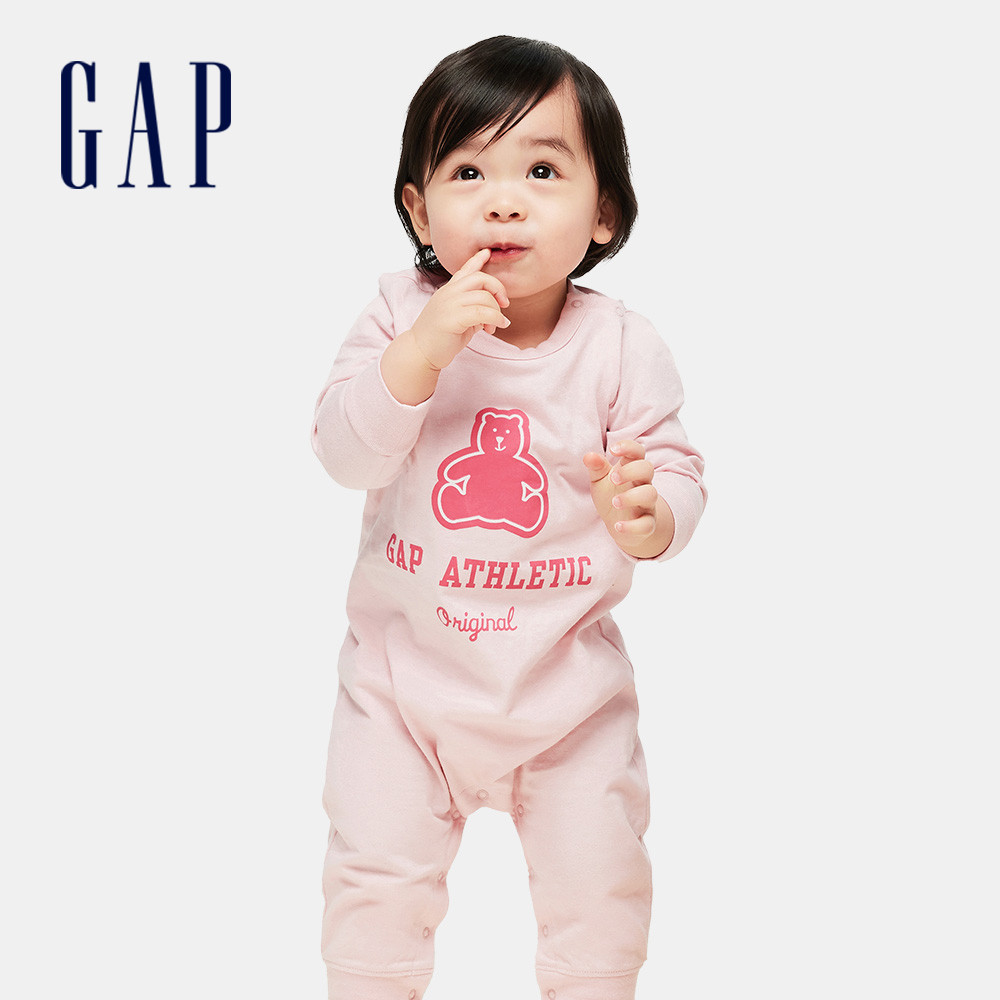 Gap 嬰兒裝 Logo純棉小熊印花長袖包屁衣/連身衣-粉紅色(890320)