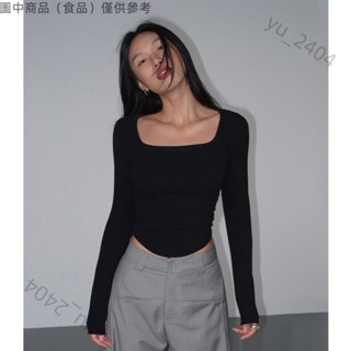 ✨熱賣特惠✨歐美黑色方領長袖針織側邊褶皺上衣 女生內搭打底衫 純欲性感緊身顯瘦顯鎖骨短版素色上衣 白色緊身上✨OY137