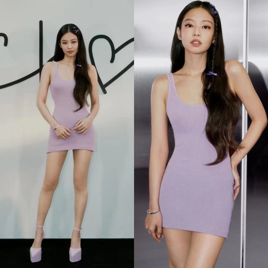 23年新款金智妮Jennie同款紫色針織性感吊帶收腰包臀短裙洋裝女