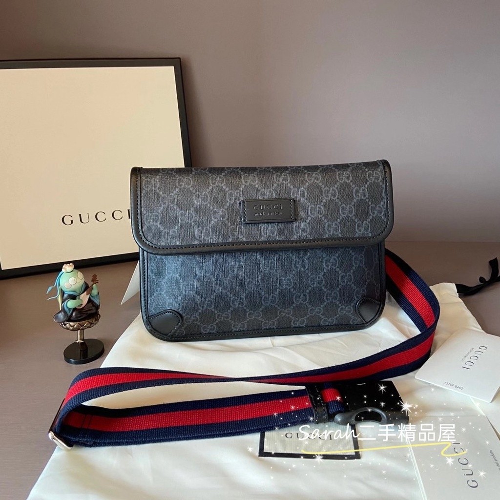 二手精品 GUCCI 古馳 男士腰包 GG Supreme 黑色帆布胸包 斜背包 598113