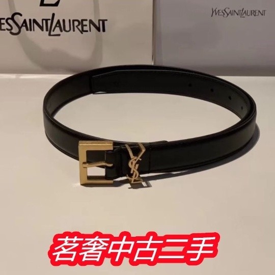 SAINT LAURENT YSL 聖羅蘭 金扣 方形搭扣 黑色光面皮革 女士 腰帶 皮帶 634437