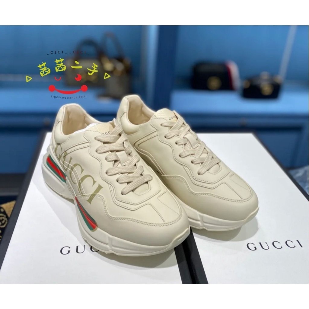 茜茜二手 GUCCI 古馳 528892 Rhyton 復古 經典厚底老爹鞋 象牙米白色 圖案 LOGO