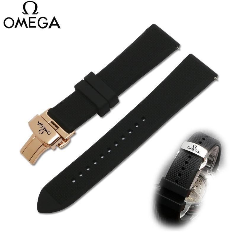 【高品質】歐米茄手錶帶橡膠矽膠原裝款Omega錶鏈男蝶飛 海馬300藍色 黑色20 配工具