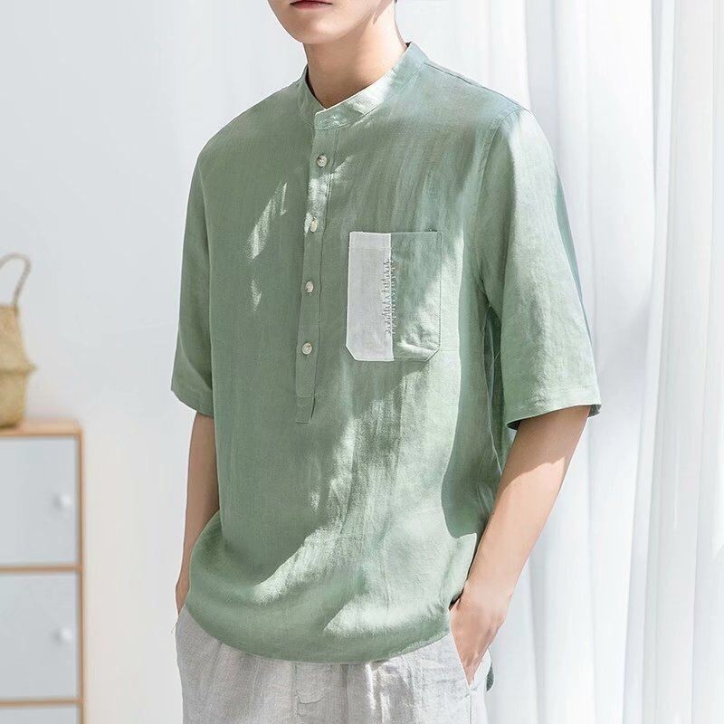亞麻短袖t恤男2024夏季新款綠色立領七分中袖襯衫寬松棉麻上衣潮 短袖襯衫男 男士襯衫