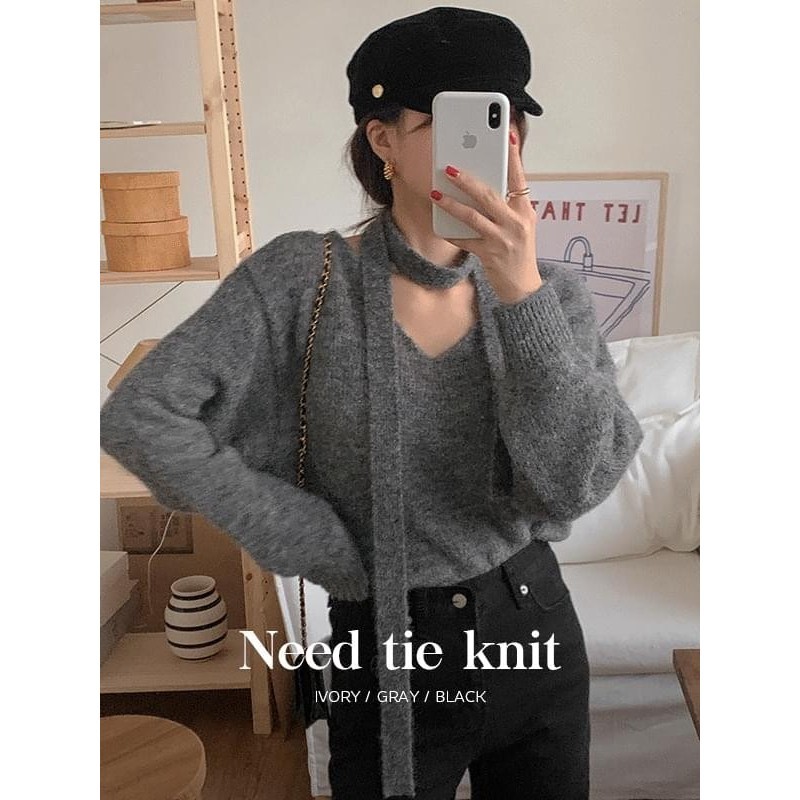 【Codibook】韓國 frenchaube V領羊毛針織上衣+小圍巾［預購］針織衫 毛衣 女裝