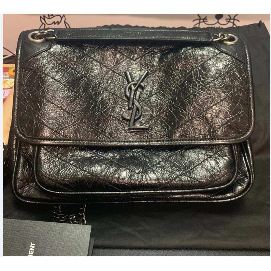 正品二手 Saint Laurent YSL NIKI 中款 28公分 黑色復古銀鍊翻蓋郵差包 雙鍊 風琴包