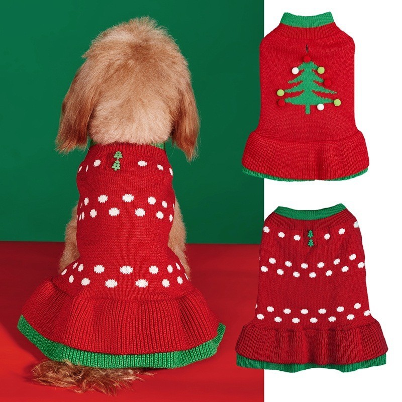 [CWYF]節日新款寵物冬季衣服針織紅色聖誕樹白色圓點雙層裙擺毛球毛衣裙