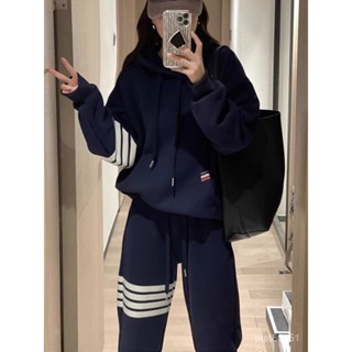 【胖丫女裝】大尺碼女裝 女裝 套裝 兩件套女裝胖MM特大碼300斤時尚拚色連帽衛衣女春秋季四條槓運動褲兩件套裝2