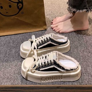 💕洋洋洋鞋店💕厚底半拖鞋 懶人鞋 穆勒鞋 包頭半拖鞋女秋季新款時尚厚底帆佈鞋小眾無後跟懶人穆勒鞋 包頭拖鞋 半拖女 板鞋