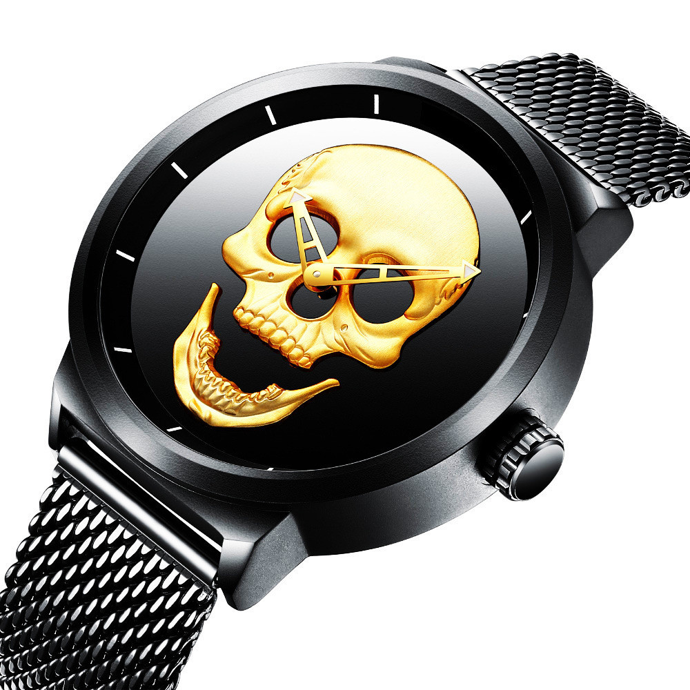 [FZ]男士手錶不銹鋼掛扣米蘭網帶骷髏頭個性鬼頭男錶防水石英手錶批發