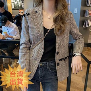 免運✨翻領外套 小西裝外套女 春秋韓版短款網紅小個子氣質格子西服 英倫風西裝外套 格子西裝 長袖職業西裝外套 開衫 長袖