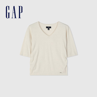 Gap 女裝 V領短袖針織衫 絨感針織系列-米色(406377)