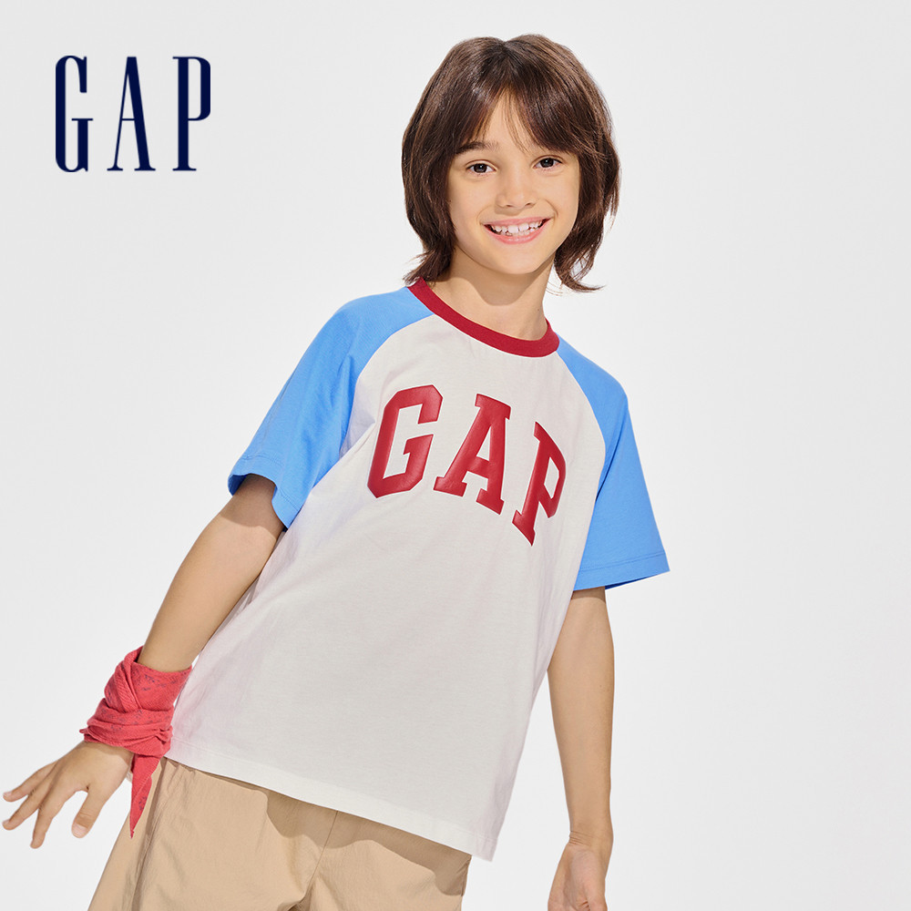 Gap 兒童裝 Logo/小熊印花純棉圓領短袖T恤-藍白撞色(890474)
