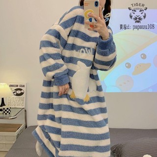 可開發票 批發價⚡️睡袍⚡️珊瑚絨⚡️睡裙⚡️女秋冬韓版可愛大白鵝條紋胖mm長款保暖加厚⚡️法蘭絨⚡️睡衣