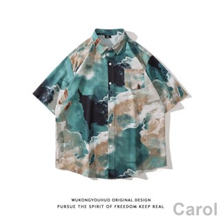Carol 大尺碼花襯衫 沙灘短袖襯衫 復古 油畫滿印花 休閒襯衫 花襯衫 熱賣 韓版 潮牌 短袖襯衫 街頭寬鬆風 夏季