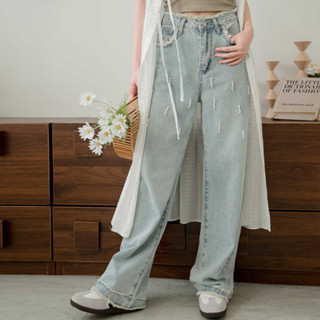 MIUSTAR 韓系2024款絨邊設計珍珠裝飾直筒牛仔褲(共1色，S-XL)0312 預購【NP0391】