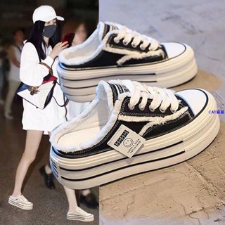 小白鞋 懶人鞋 運動鞋 豆豆鞋PARK DANCE包頭拖鞋女秋季外穿2023新款帆布鞋子厚底無後跟半拖女