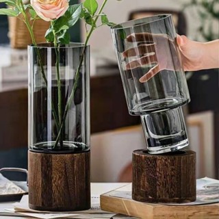 花瓶ins風diy木托輕奢 玻璃花瓶客廳餐桌桌面中式擺件 玻璃瓶 臺面花瓶 乾花瓶 花瓶創意