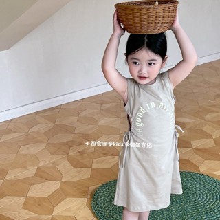 💕洋洋兒童店💕 女童短袖洋裝 兒童洋裝 韓國童裝22夏季女童針織字母背心裙女童露腰係帶連衣裙長款T恤裙 女童連衣裙