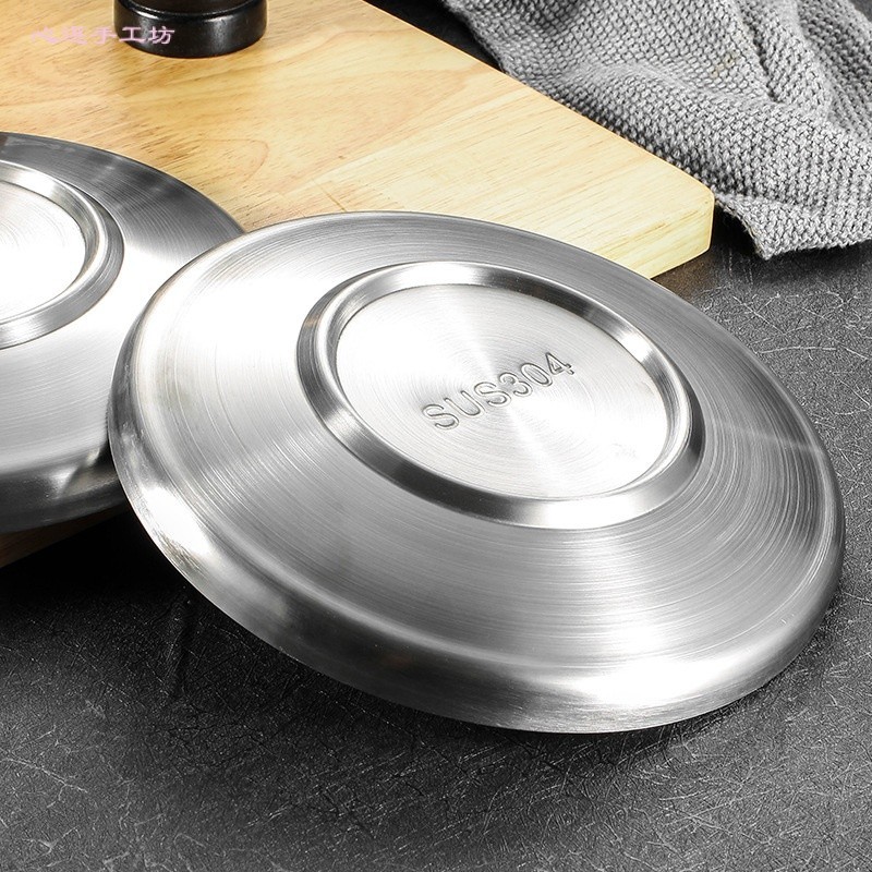 韓式304不銹鋼雙層圓盤隔熱加厚歐式平底盤子燒烤肉盤甜品西餐盤