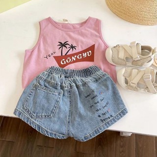 Lovelg baby🌷女童網紅套裝夏季2024新款女寶寶洋派時髦印花背心牛仔短褲兩件套
