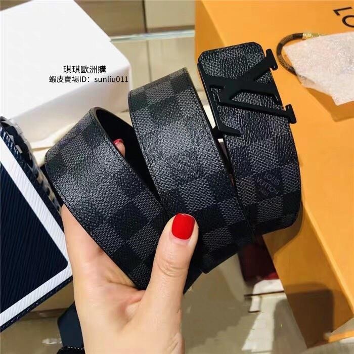 二手 LV Louis Vuitton M9808S 經典LOGO飾扣黑棋盤格紋皮帶