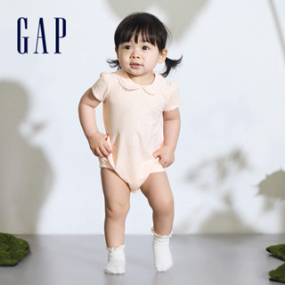 Gap 嬰兒裝 Logo純棉小熊印花翻領短袖包屁衣-橘紅色(890480)