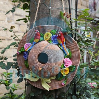 🎉特惠免運🎉 花園擺件 庭院裝飾 田園戶外創意園藝裝飾樹脂草帽鳥窩裝飾吊飾