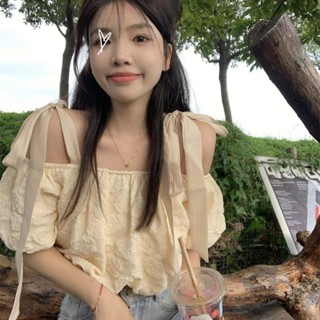 🌷臺灣出貨🌷Glove一字肩吊帶泡泡袖上衣女 設計感小眾夏季法式復古溫柔 鎖骨漂亮襯衫 短袖T恤女 上衣女 純欲風 百搭