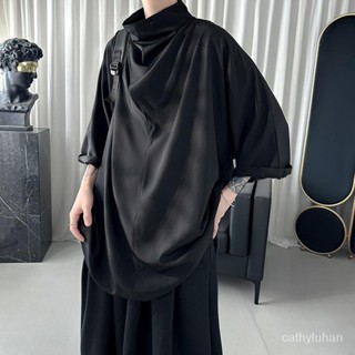 ✨新品特價✨大碼休閒短袖襯衫男 闇黑係山本風 冰絲高堆領短袖襯衫 痞帥高階感 國風新中式 男裝設計感襯衫 LYQP