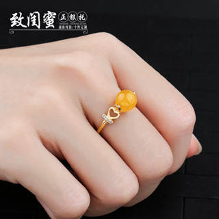 閨蜜飾品S925純銀戒指空託女款可旋轉珠子心形轉夾珠DIY蜜蠟珍珠託圓珠7-9