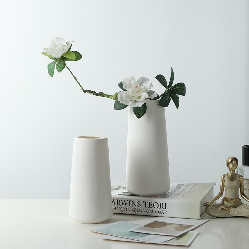北歐風素燒陶瓷花瓶大口徑白色簡約現代干花插花裝飾家居客廳擺件