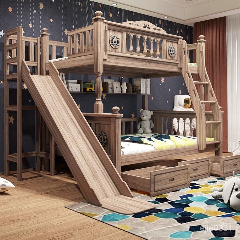 【免運 可上門安裝】兒童樓梯床美式全實木上下鋪木床傢用高低玩具雙層床帶滑梯組閤 KZ5B
