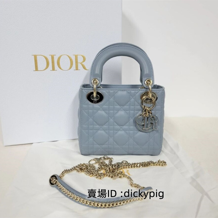 二手正品Dior 迪奧 三格戴妃包 LADY DIOR系列 迷你 藤格紋羊皮 霧霾藍 琺瑯扣 單肩手提包 斜背包 鏈條包